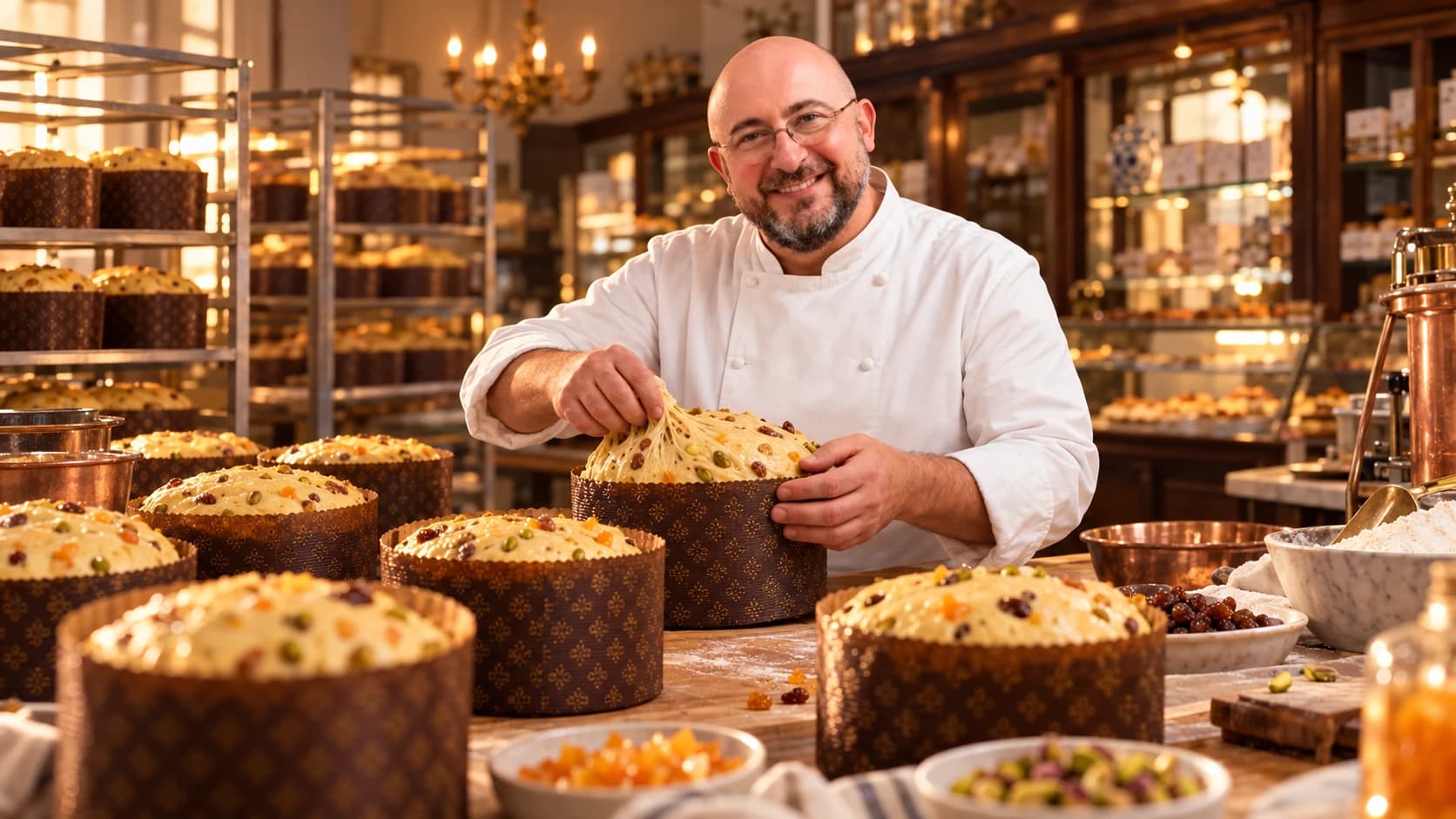 Unser Konditor formt den Panettone-Teig von Hand