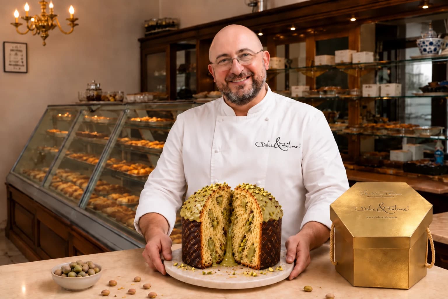 Unser Konditor mit einem frisch angeschnittenen Panettone in der Pasticceria
